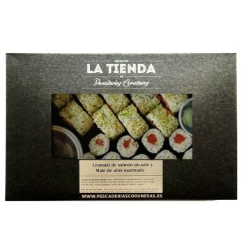 Uramaki de salmón picante y maki de atún rojo marinado