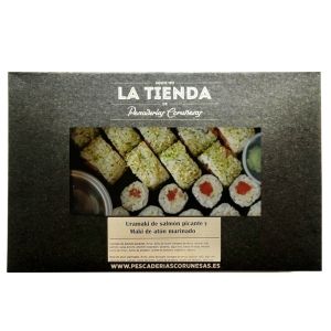 Uramaki de salmón picante y maki de atún rojo marinado