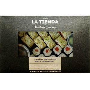 Uramaki de salmón picante y maki de atún rojo marinado