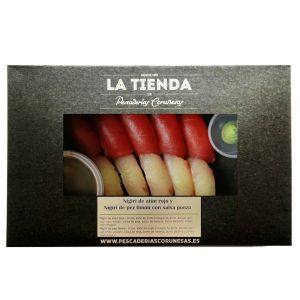Nigiris de atún rojo y de pez limón con salsa ponzu